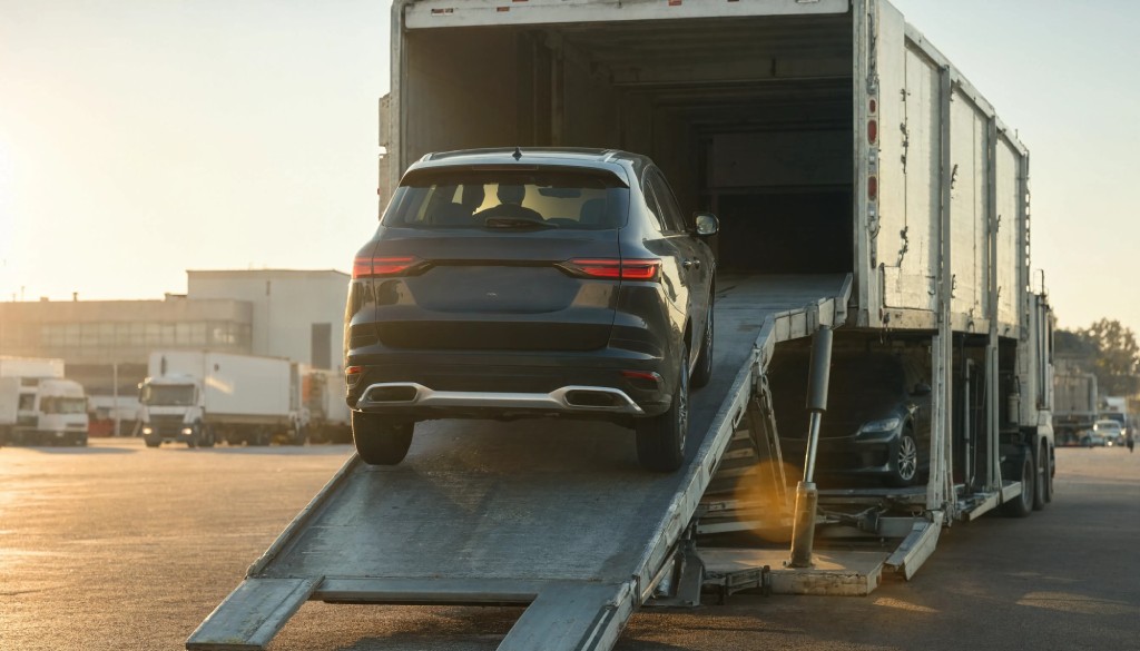 Car Driving Up Transport Ramp